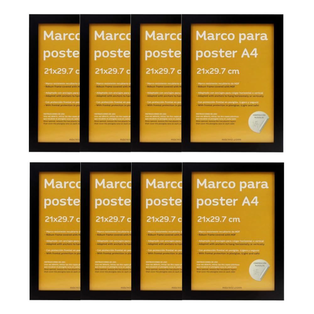 RAHMEN Set mit 8 aus MDF und Acrylglas Schutz und Aussteller für Fotografien, Bilder, Poster, Gemälde, Dekoration für Haus Farbe Schwarz A4 - Schwarz, Holz (21/3/29.7cm) - Nacnic