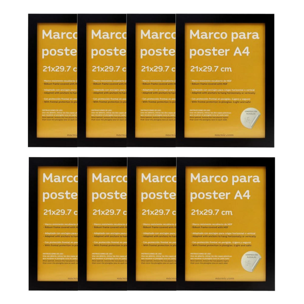 RAHMEN Set mit 8 aus MDF und Acrylglas Schutz und Aussteller für Fotografien, Bilder, Poster, Gemälde, Dekoration für Haus Farbe Schwarz A4 - Schwarz, Holz (21/3/29.7cm) - Nacnic
