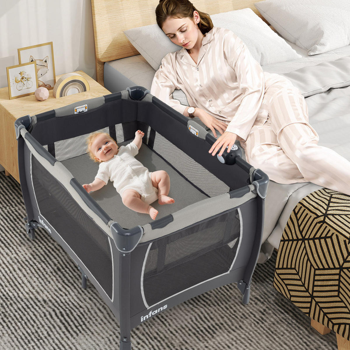 BEISTELLBETT mit Matratze grau - Grau, Textil - COSTWAY