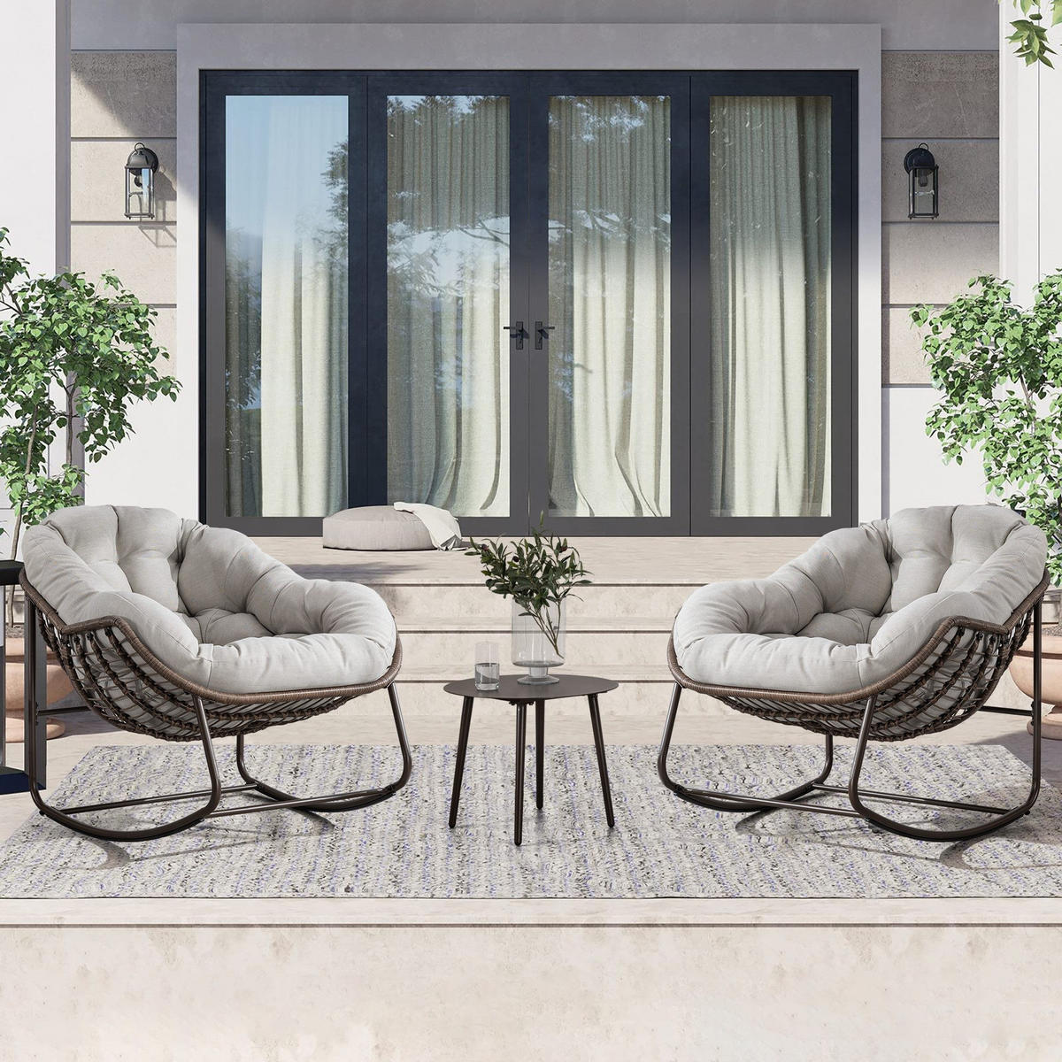 SCHAUKELSTUHL Schaukelsessel,Rattanstuhl mit Stahlrahmen,Grau-Polyester - Hellgrau, Metall (94.5/80/111cm) - LVHOM