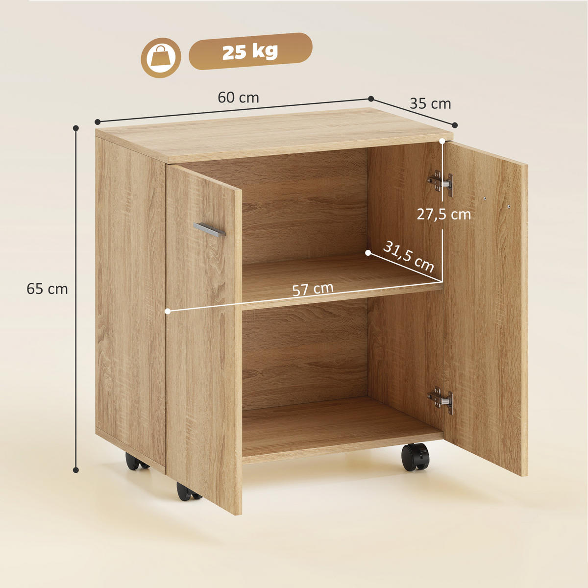 SIDEBOARD Naturfarben, 2 Türen, auf Rollen, 60/35/65 cm - Naturfarben, Holz (60/65/35cm) - PANGIVO