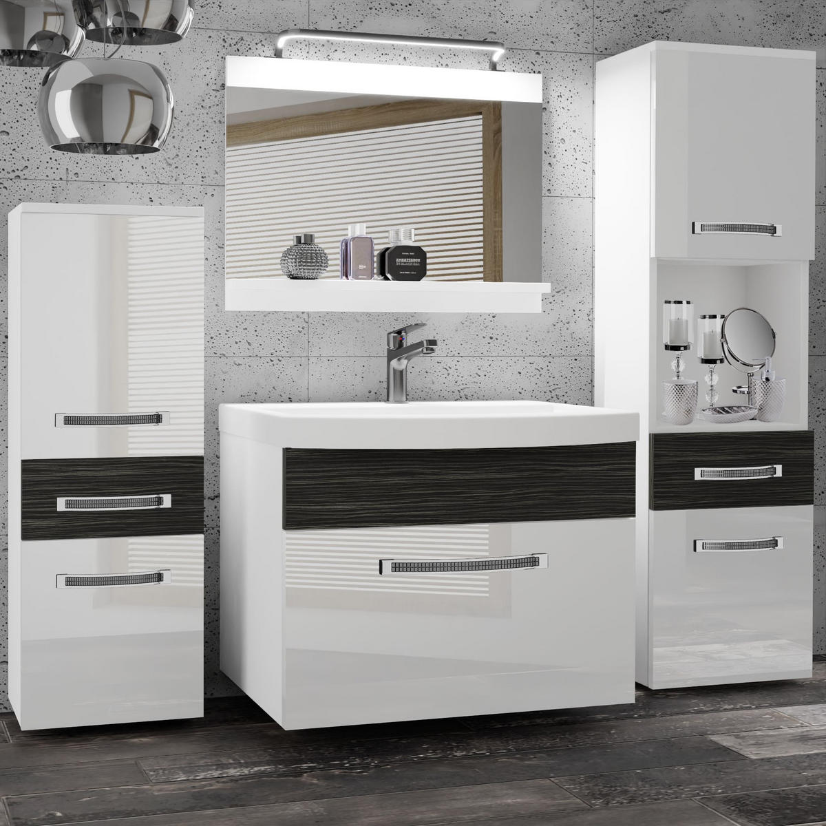 BADMÖBEL Badezimmer Weiß Königliches Ebenholz Glänzend Matt - Weiß Hochglanz/Schwarz, Holz (140/113/40cm) - B BELINI GROUP
