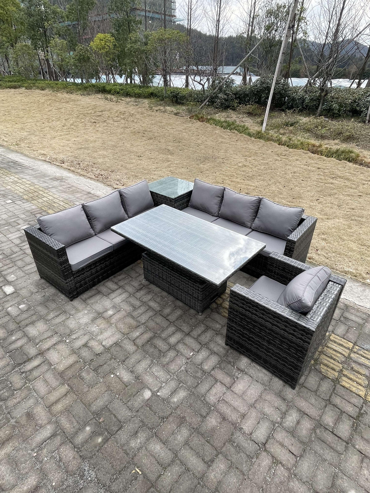 GARTENMÖBEL SET Polyrattan 7-Sitzer - Dunkelgrau/Grau, Glas/Kunststoff - Fimous