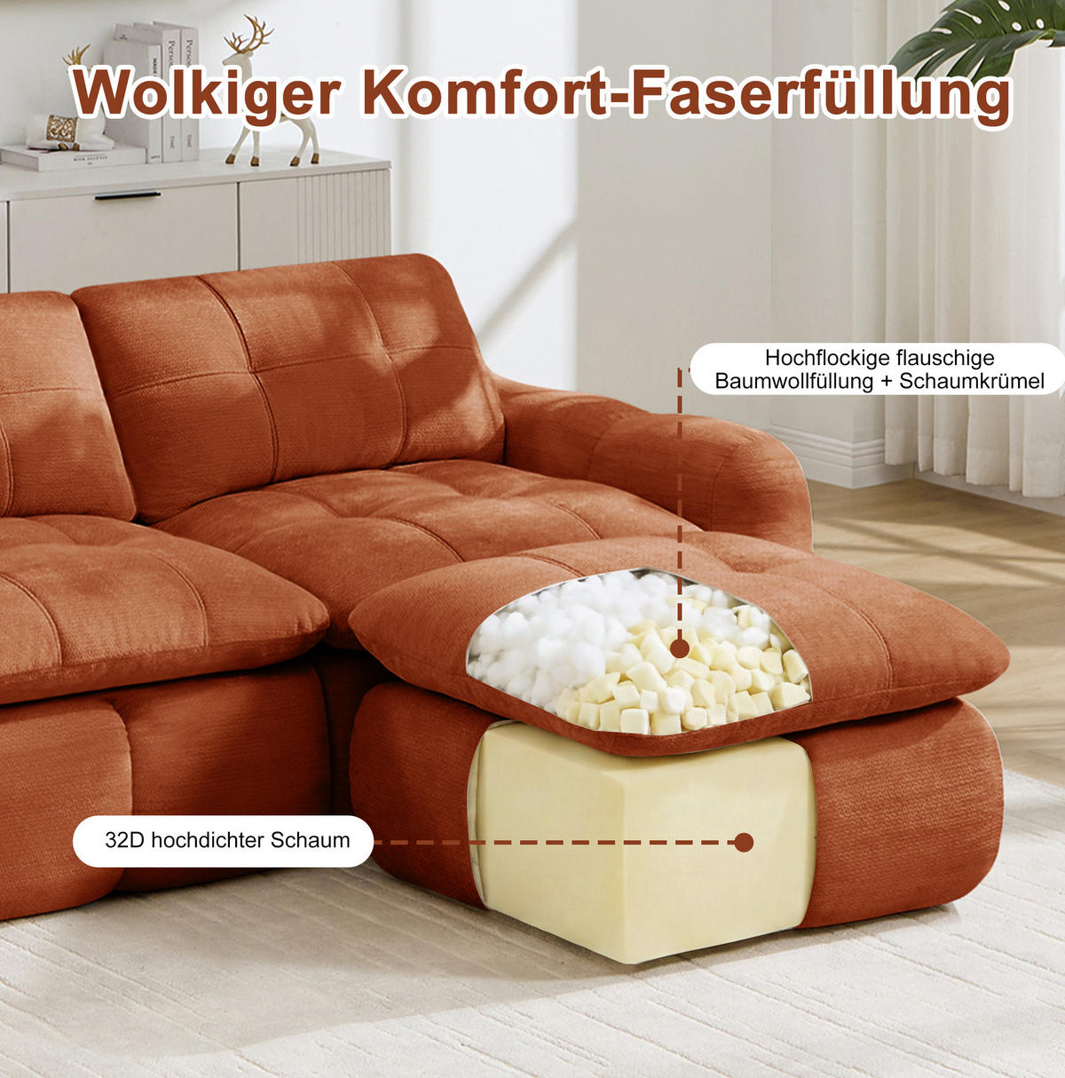 SOFA 194/160/68 cm in Orange aus Chenille mit Ottomane - Orange, Textil (160/68/194cm) - Flora Grace