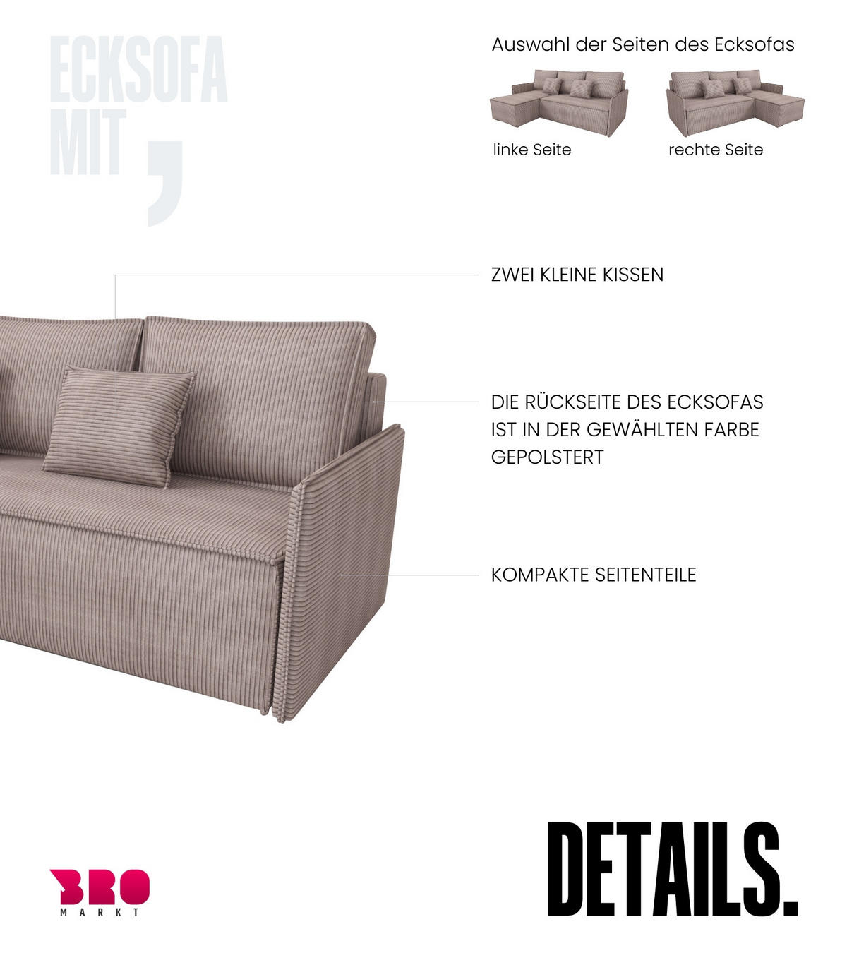 ECKSOFA Atlantic mit Schlaffunktion Puderrosa Cord - Rosa, Textil (238/141cm) - Bromarkt