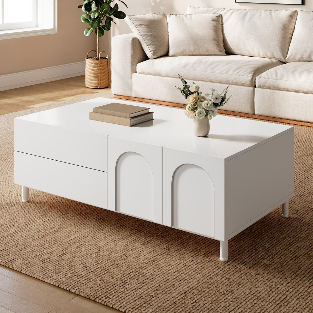 COUCHTISCH Stauraum Rechteckig Bogen Türen Modern - Weiß, Holzwerkstoff (50/100/39.5cm) - FLIEKS