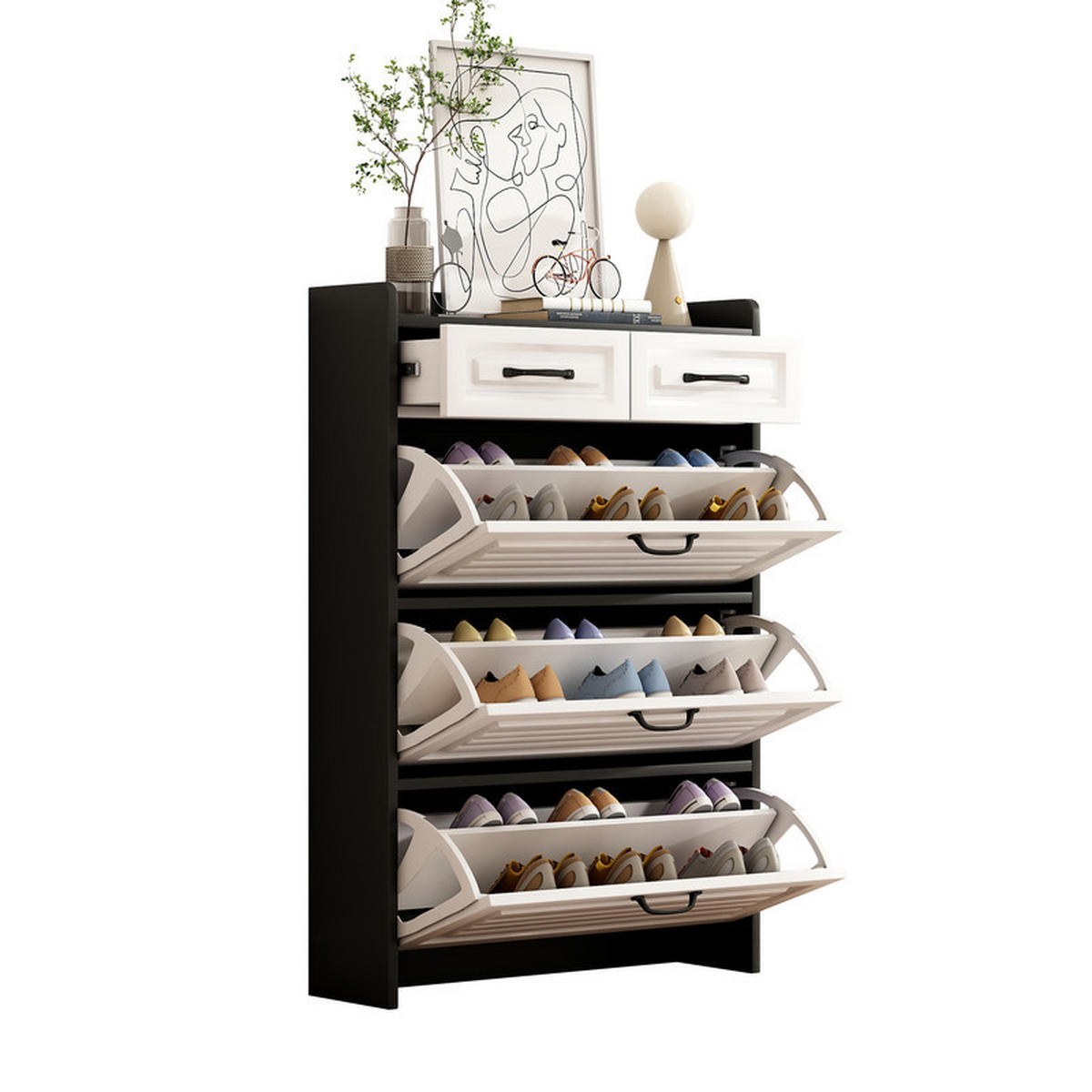 SCHUHSCHRANK drehbar mit 3 Klapptüren und 2 Schubladen 80x23,5x131 cm - Weiß, Holzwerkstoff (23.5/131/80cm) - Moorle