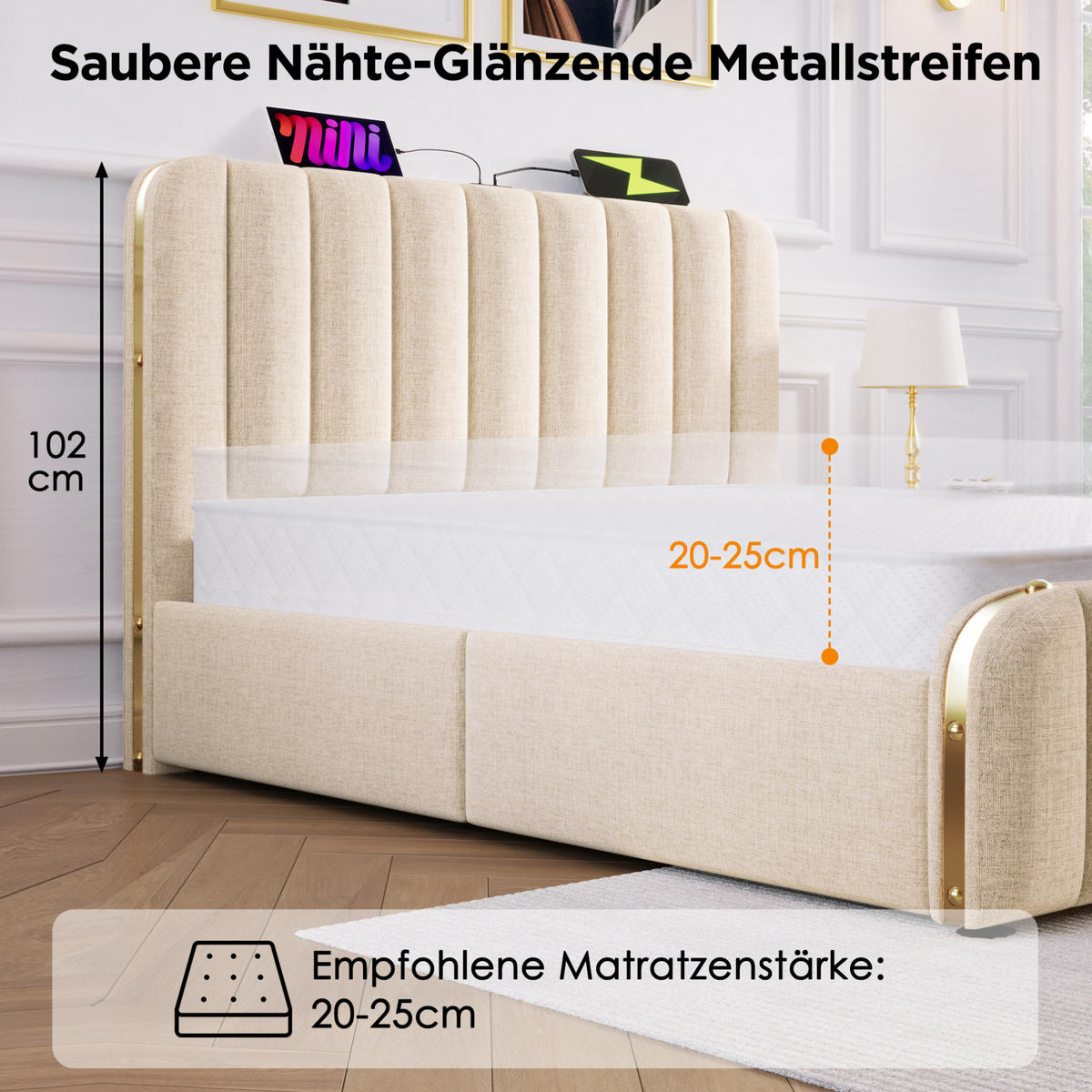 POLSTERBETT 90/200 cm Beige aus Leinen mit Stauraum und USB-C - Beige, Textil (90/200cm) - OKMYHOME