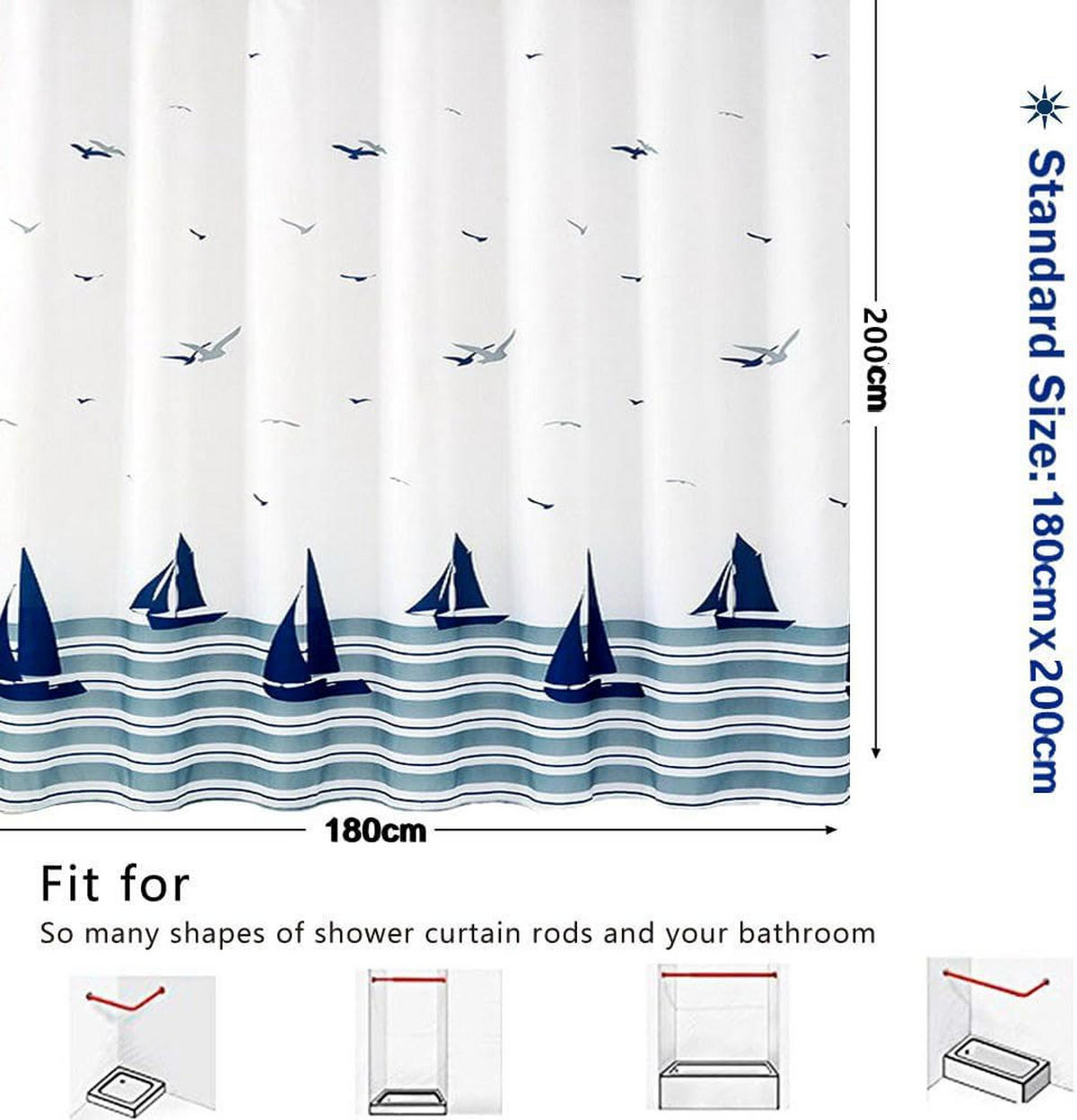 DUSCHVORHANG Ozean Polyester schimmelresistent wasserdicht waschbar für Badewanne Duschkabine - Weiß, Textil (180/200cm) - MCBOSON