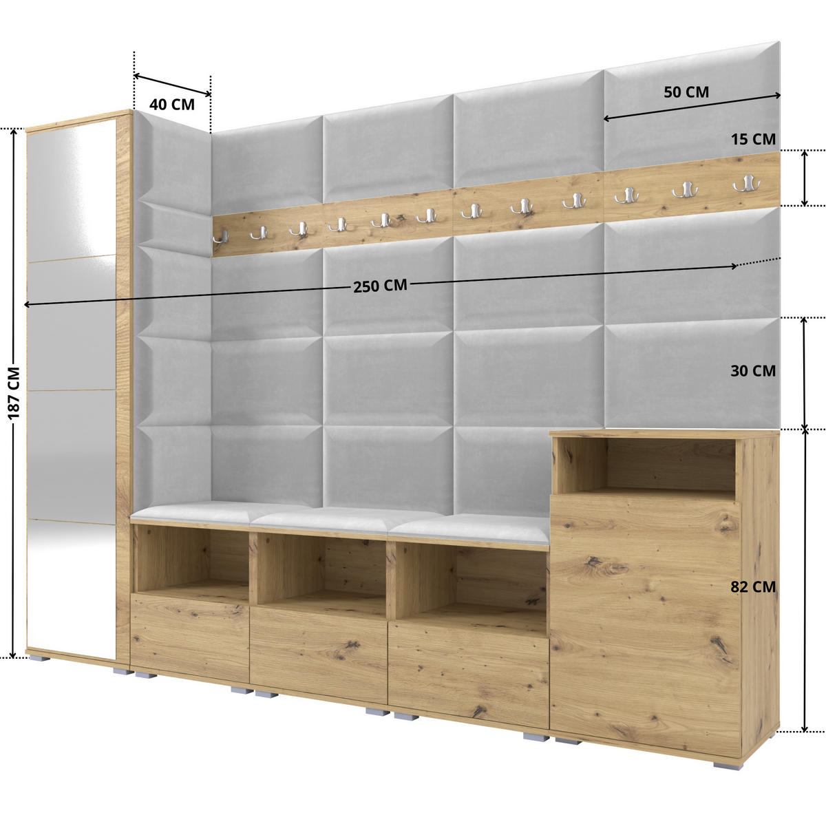GARDEROBE NELA XI 250 cm (Modulare Flurmöbel Artisan Eiche mit Spiegel & Sitzpolster Hellgrau 32 Großes Set) - Silberfarben/Hellgrau, Holz/Holzwerkstoff (250/187/40cm) - Ravio