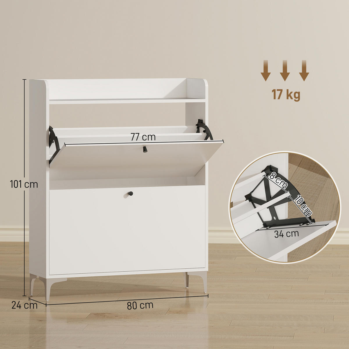 SCHUHSCHRANK DE-15059 2 Klapptüren mit verstellbaren Böden für 12-16 Paar Schuhe Weiß - Weiß, Holzwerkstoff (80/101/24cm) - ComfortXL
