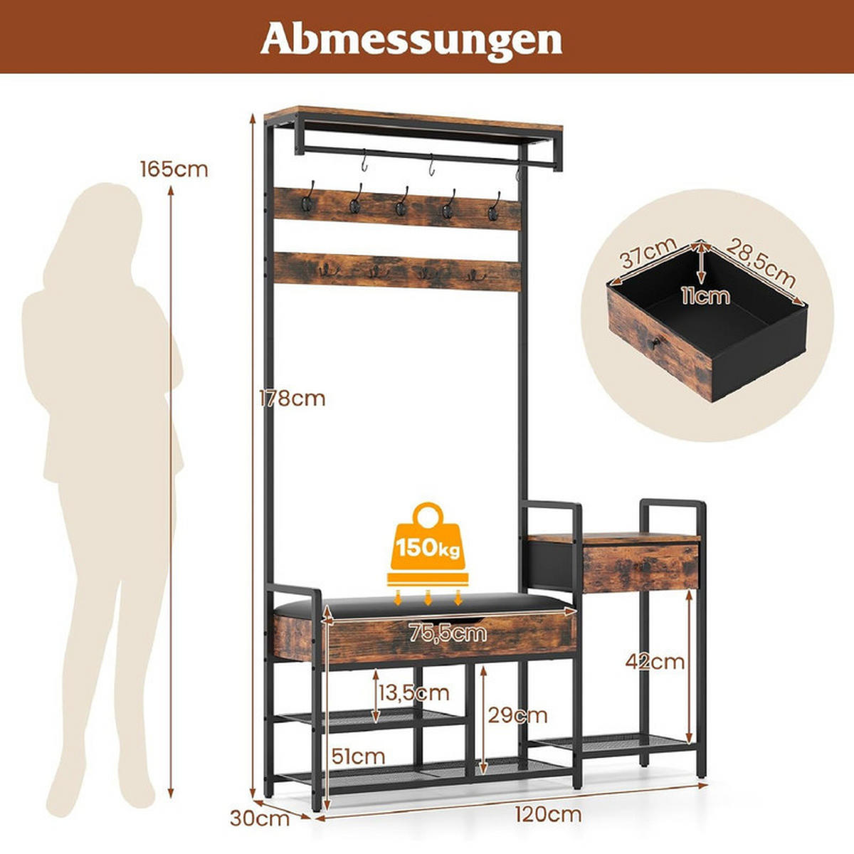 GARDEROBENSTÄNDER mit Schuhbank Rustikales braun - Braun, Holzwerkstoff (120/178/30cm) - COSTWAY