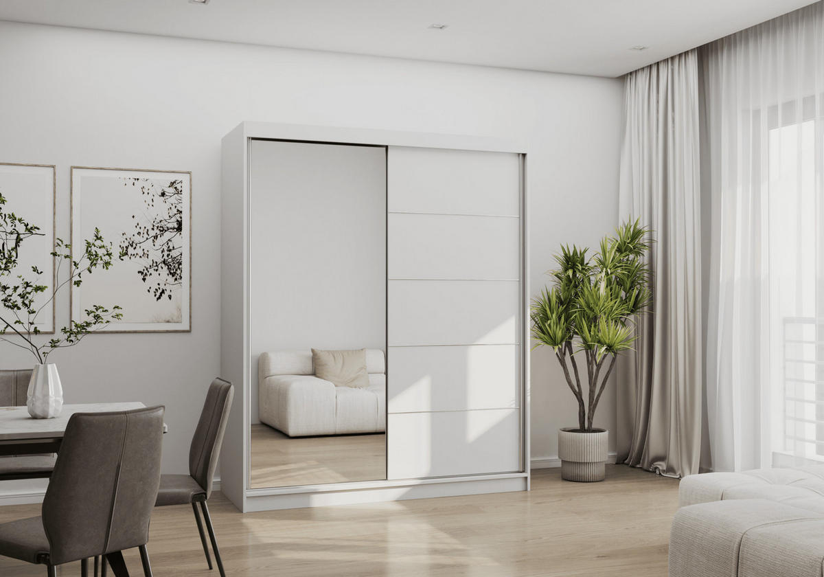 SCHWEBETÜRENSCHRANK Bono 05 mit Spiegel Weiß/Weiß 160 cm - Alufarben/Weiß, Holzwerkstoff/Metall (160/195/61cm) - imoebel24