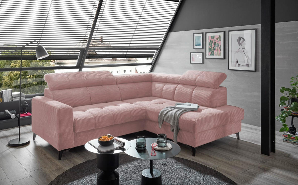 ECKSOFA mit elektronische Sitztiefenverstellung, USB-Anschluss und stilvollem Breitcord-Bezug - Rosa, Textil (200/243cm) - ed exciting design
