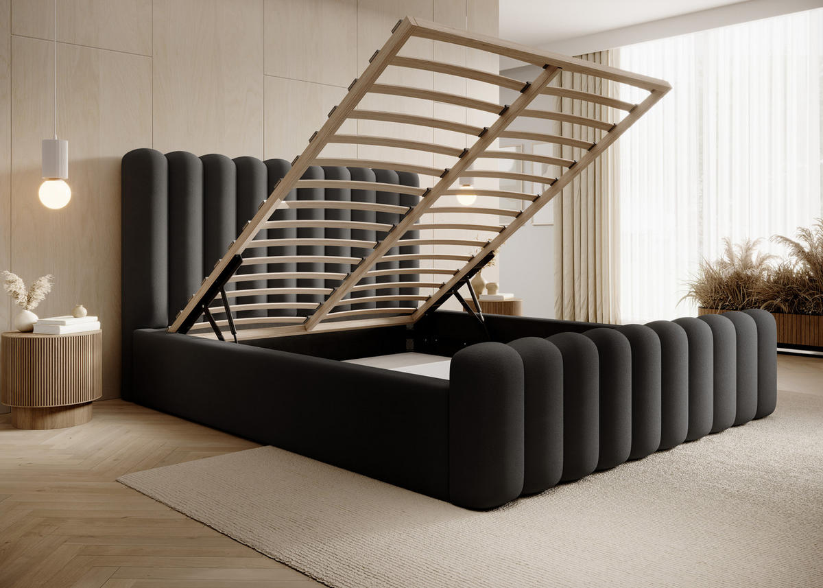 POLSTERBETT Bett Mona VII gepolstert modern, elegantes Kopfteil, Bettkasten, hochwertiger Abriamo-Stoff 200x200 cm, schwarz - Schwarz, Holzwerkstoff/Kunststoff (200/200cm) - DomoHome