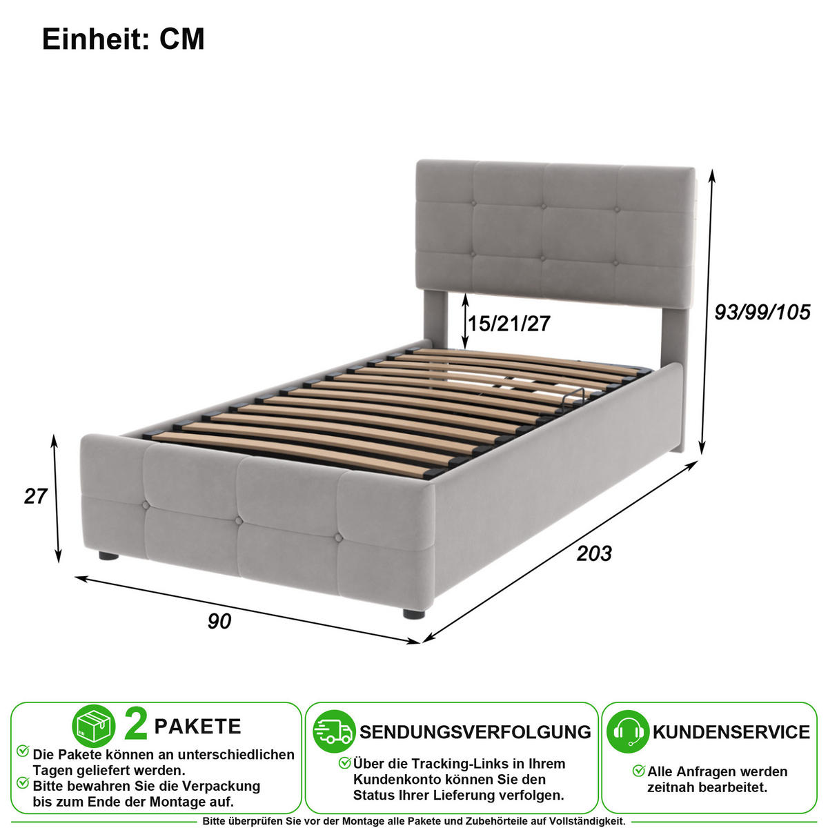 KINDERBETT 90/200 cm in Grau mit Bettkasten, verstellbarem Kopfteil und Samt - Grau, Holzwerkstoff/Textil (90/200cm) - CHICFURN