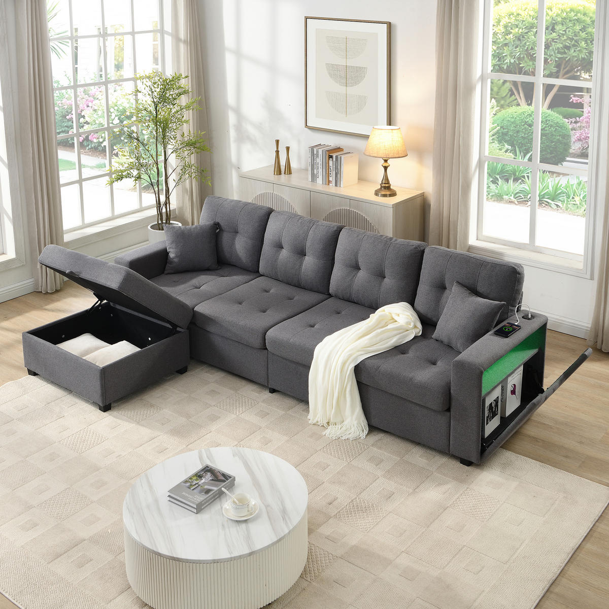 ECKSOFA mit Stauraum Hocker LED USB Type-C 500 kg - Grau, Textil (253/144.5cm) - EVRYAE