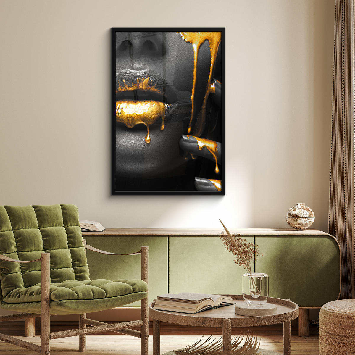ZARÁMOVANÝ PLAGÁT Žena - čierna - zlatá - tvár - pery 60x90 cm - zlatá, papier (60/90cm) - MuchoWow