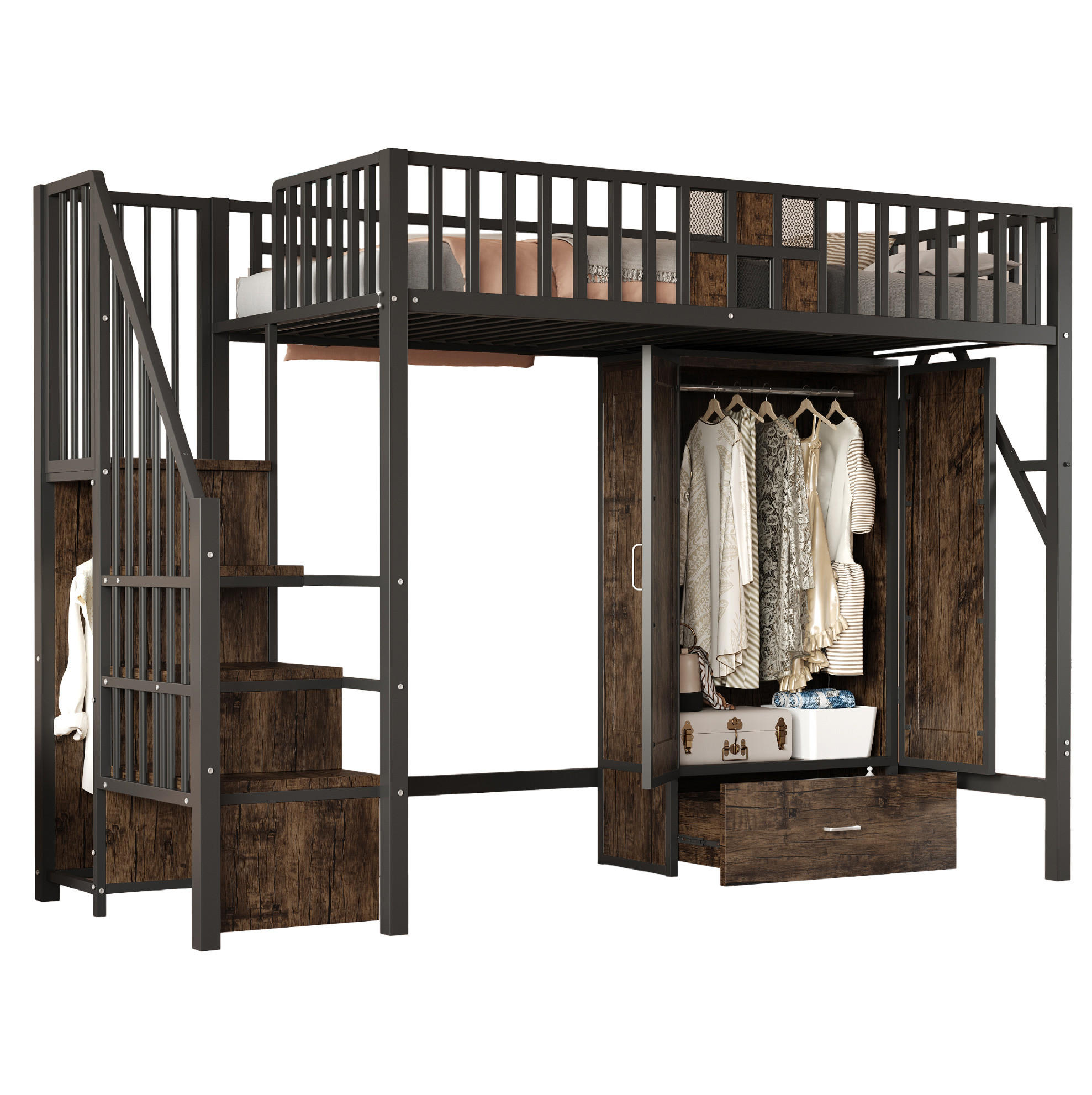 HOCHBETT 90/200 cm mit Kleiderschrank, Aufbewahrungsleiter und Schublade aus Metall und Holzwerkstoff, Schwarz - Schwarz, Metall (90/200cm) - Redom