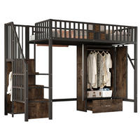 HOCHBETT 90/200 cm mit Kleiderschrank, Aufbewahrungsleiter und Schublade aus Metall und Holzwerkstoff, Schwarz - Schwarz, Metall (90/200cm) - Redom