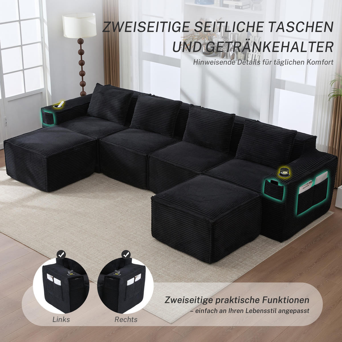 WOHNLANDSCHAFT 330/162/75 cm Schwarz mit 2 Fußhocker, Getränkehalter und Seitentaschen - Schwarz, Textil (330/75/162cm) - Oxeza