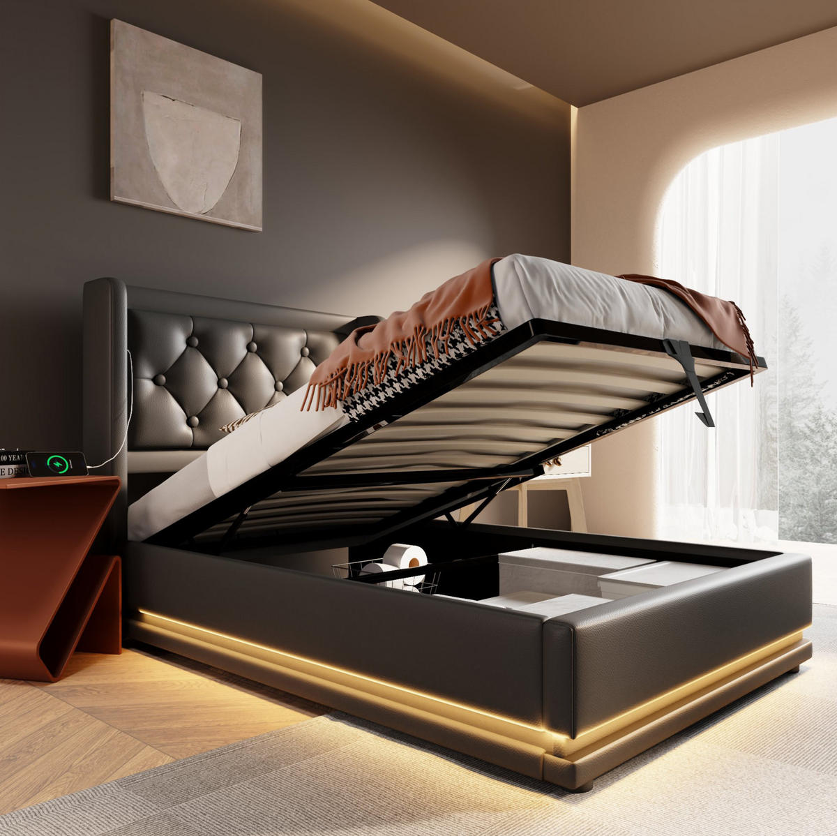BETT mit Stauraum und Matratze 90x200 cm PU Schwarz - Schwarz, Metall (90/200cm) - Meubliv