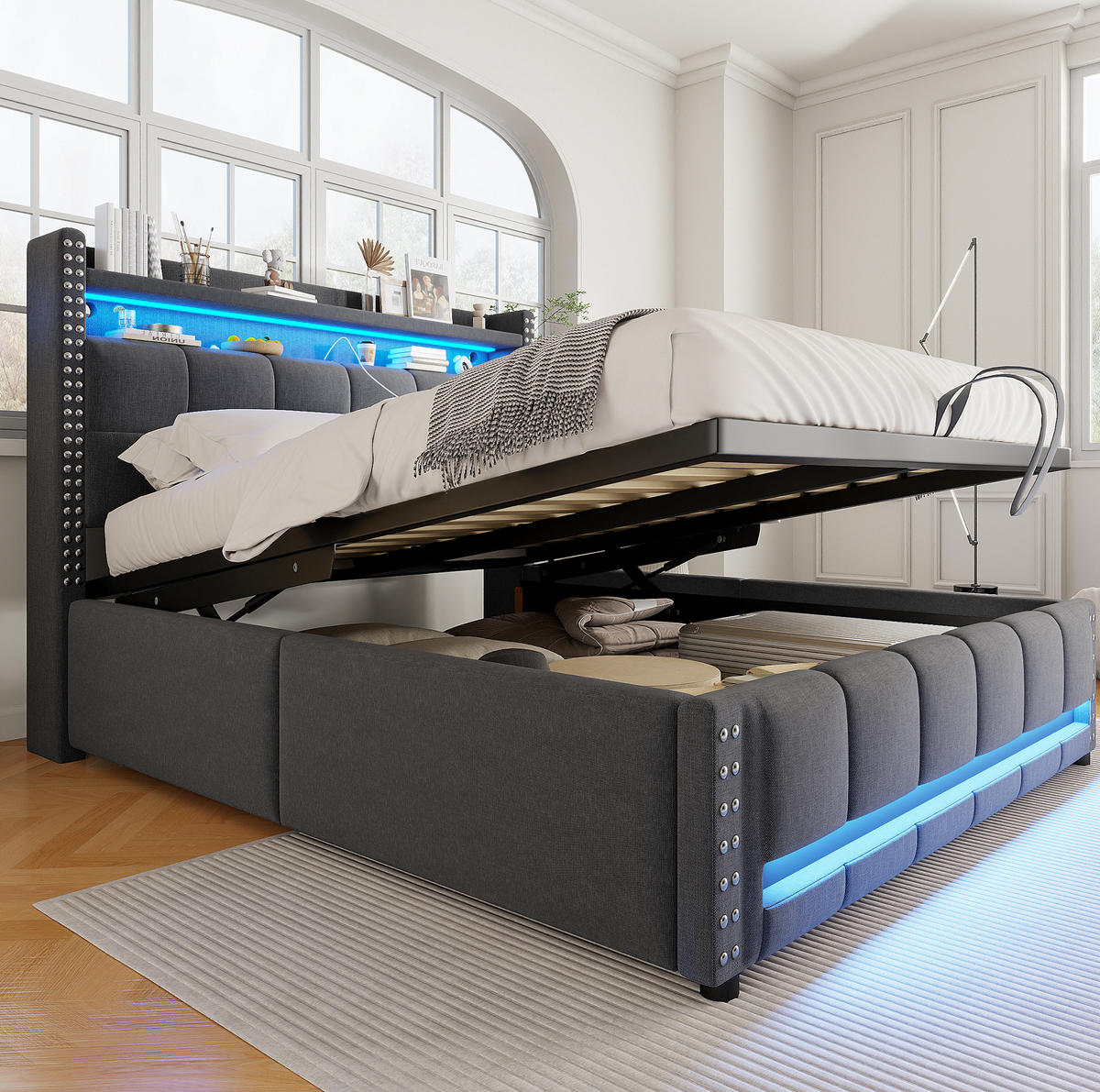 POLSTERBETT aus Leinenstoff 160x200 cm Grau mit LED-Beleuchtung, USB-Anschluss und hydraulischem Bettkasten - Grau, Textil (160/200cm) - Modfu