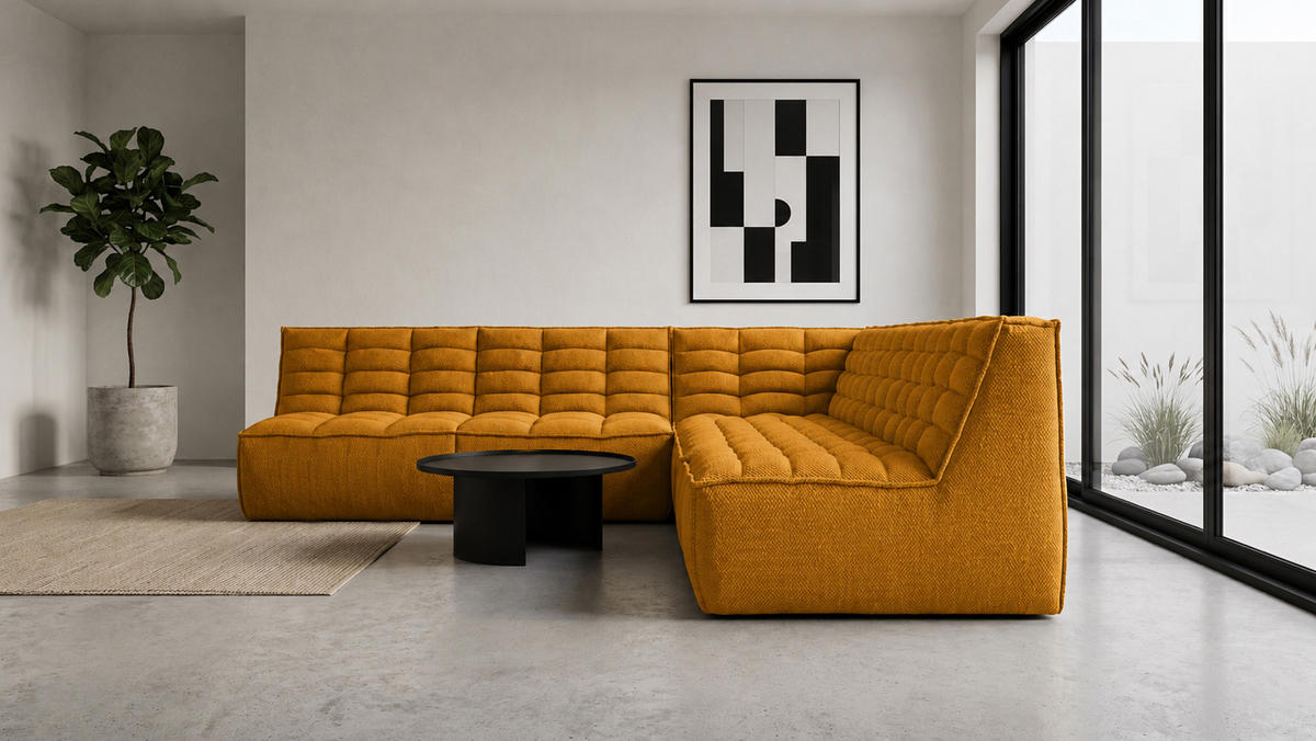 ROHOVÁ SEDAČKA modulární ve tvaru L, plyšová tkanina Pop, Hořčicová, Pravá strana, LAZY L - žlutá, dřevo (333/253cm) - Kaiser Möbel