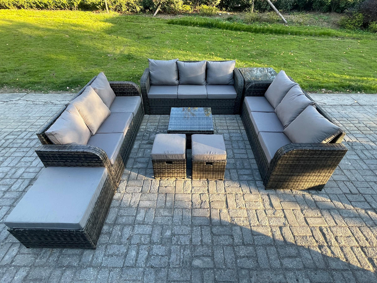 GARTENMÖBELGARNITUR mit KISSEN Polyrattan Dunkelgrau 12-Sitzer - Dunkelgrau/Grau, Glas/Kunststoff - Fimous