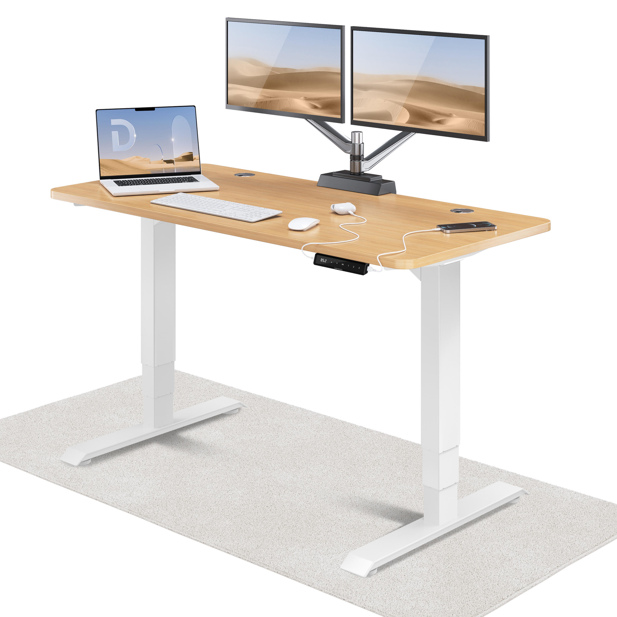 SCHREIBTISCH Elektrisch Höhenverstellbarer HomePro 140x70cm Weiß/Eiche mit Memory-Funktion, Anti-Kollisions Technologie - Eichefarben/Weiß, Holzwerkstoff (70/140/62cm) - Desktronic