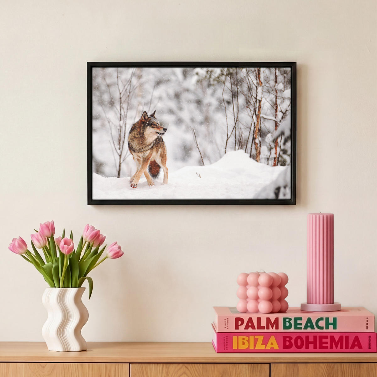LEINWAND Bilder mit Rahmen - Wolf - Winter - Schnee - Natur - Tiere - 30x20 - Haselnussfarben, Textil (30/20cm) - MuchoWow