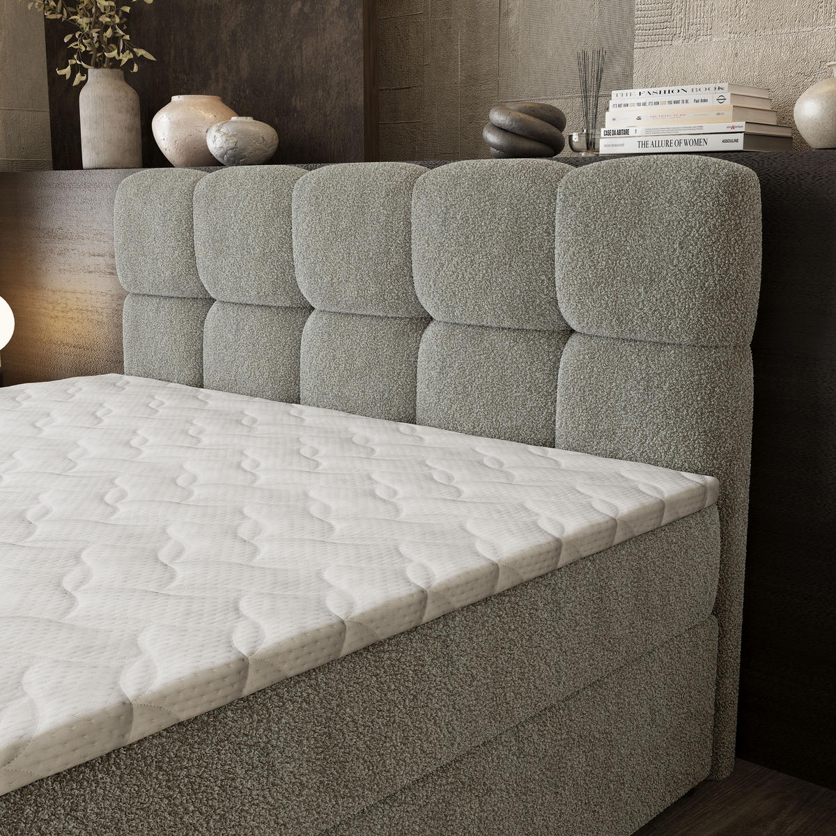 BOXBETT BRUME 140x200 cm mit Matratze und Topper, H2+H3 - Hellgrau - Hellgrau, Holz (140/200cm) - MASSENO