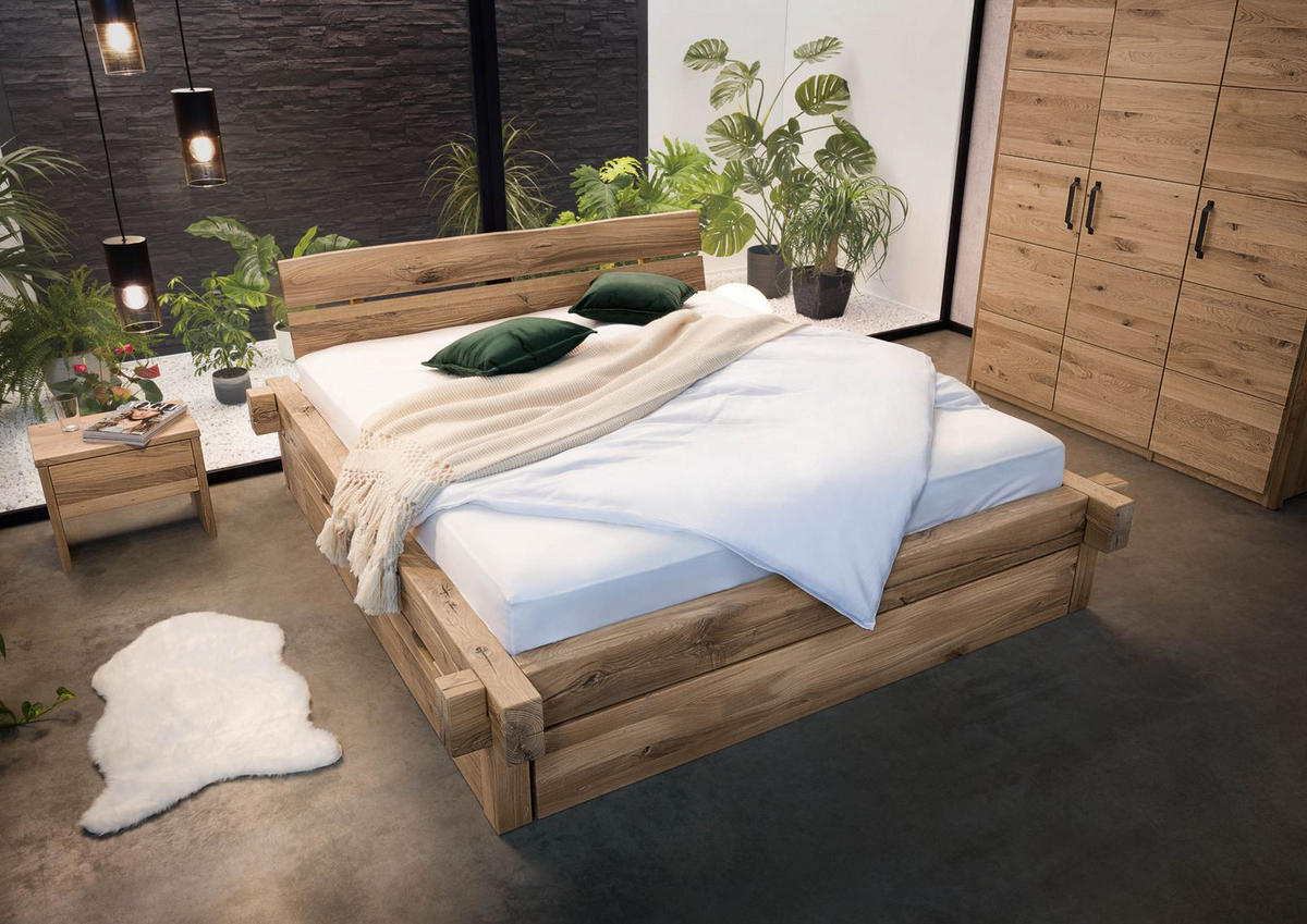 BETT mit Schublade Massivholz Wildeiche 180 x 200 x 85 beige BALKENMÖBEL #201 - Beige, Holz (180/200cm) - Massivmoebel24