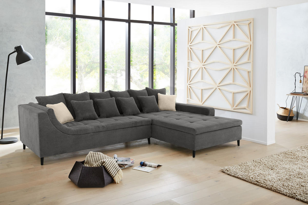 ECKSOFA mit dekorativen Steppungen und Rutschenlehne, seitenverkehrt montierbar B326/T213/H91 cm, Cord Grau Anthrazit / 15222 - Schieferfarben/Anthrazit, Textil/Metall (326/213cm) - luma-home