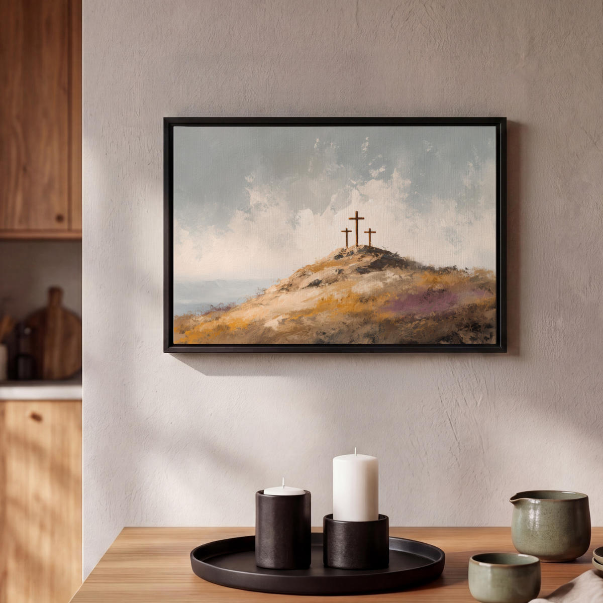 LEINWAND Bilder mit Rahmen - Hügel - Abstrakt - Christentum - Kreuz - 30x20 - Hellgrau, Textil (30/20cm) - MuchoWow