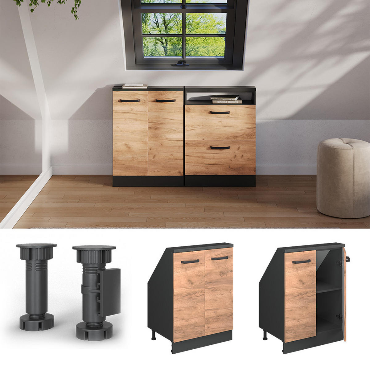 KUCHYŇSKÁ SKŘÍŇKA POD ŠIKMOU STŘECHU R-Line Zlatý dub power/antracit - medově dubová/antracitová, kompozitní dřevo (60/81.6/46cm) - Vicco