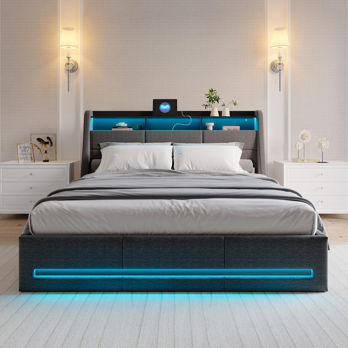 POLSTERBETT 140x200 cm mit hydraulischem Stauraum, Ambiente-LED, USB-/Typ-C-Anschlüsse, Leinenstoff, Grau - Grau, Holz (140/200cm) - BRILVERDE