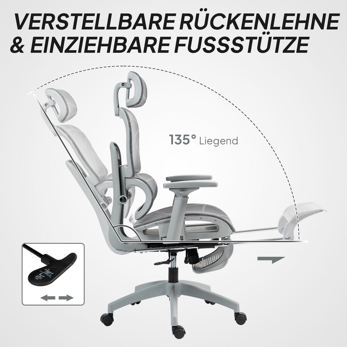 BÜROSTUHL, Ergonomischer Schreibtischstuhl mit Netzstoffbezug, verstellbar, rollbar, mit Armlehnen, Kopfstütze, Grau - Grau, Textil (64/122/66cm)
