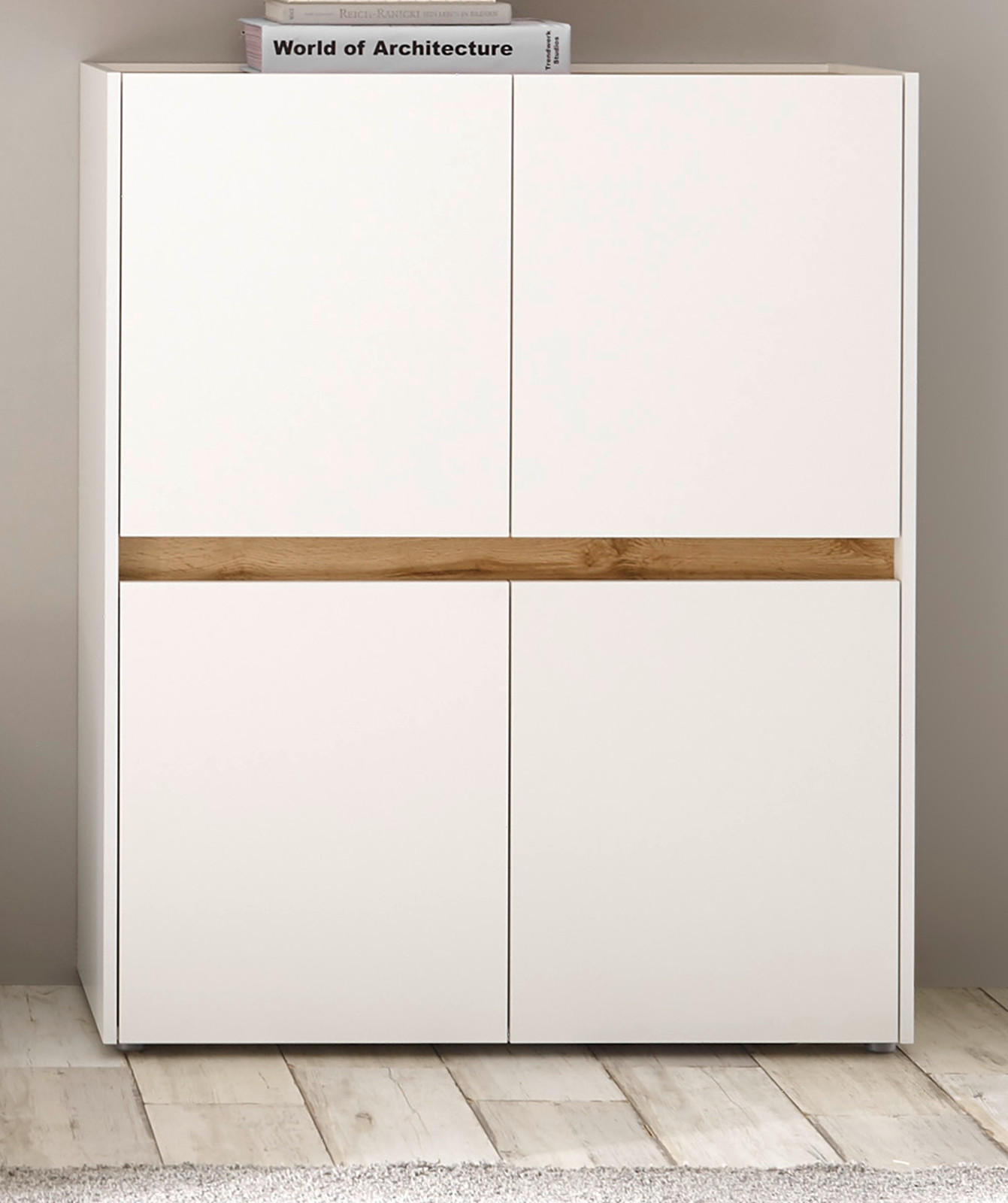 AKTENSCHRANK Weiß matt, Eiche Wotan 100 x 122 cm, Highboard 4-türig mit viel Stauraum - Eichefarben/Silberfarben, Holzwerkstoff/Kunststoff (100/122/40cm) - Furn.Design