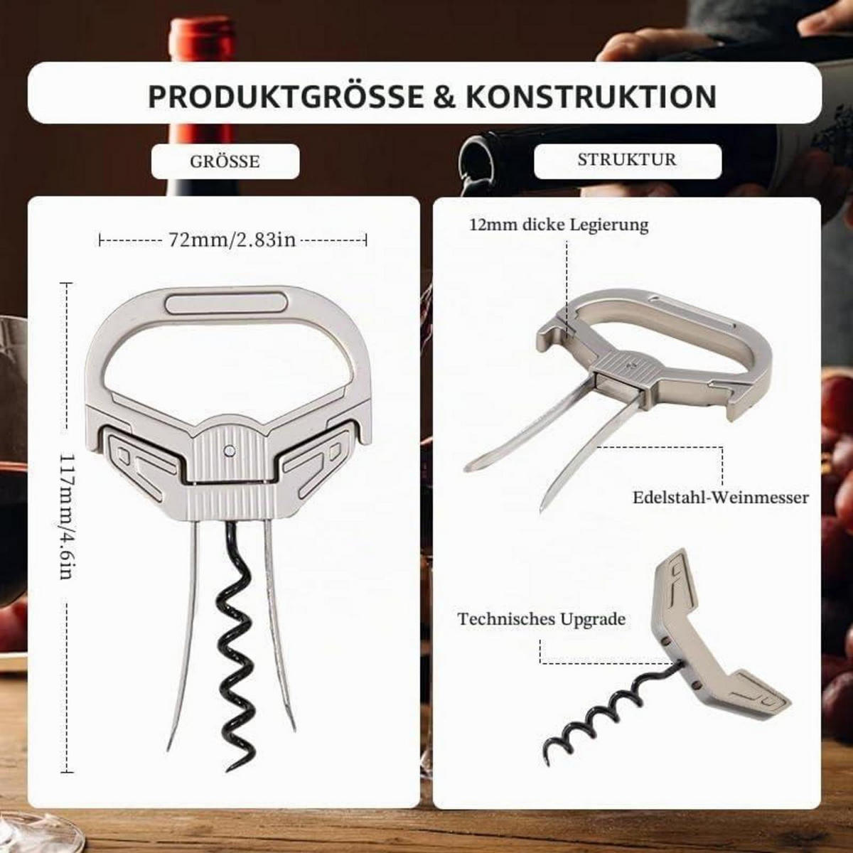 WEINÖFFNER Set mit Kapselschneider Edelstahl - Silberfarben, Metall (12cm)