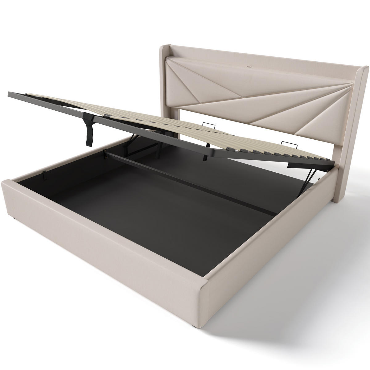 POLSTERBETT aus Baumwollleinen 160x200 cm in Beige mit USB-C & Bettkasten - Beige, Textil (160/200cm) - Modfu