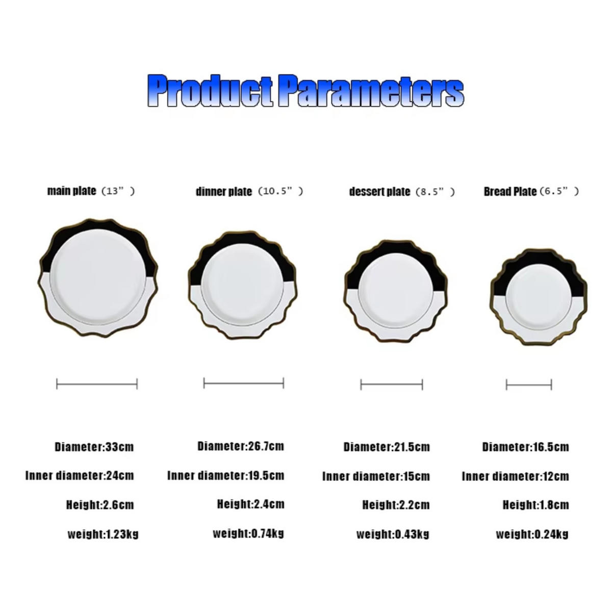 TELLERSET Schwarz Weiß Gold Bone China 4tlg Ø33 Ø27 Ø22 Ø16 cm - Weiß, Keramik (33/33/3cm) - Quality Elegance