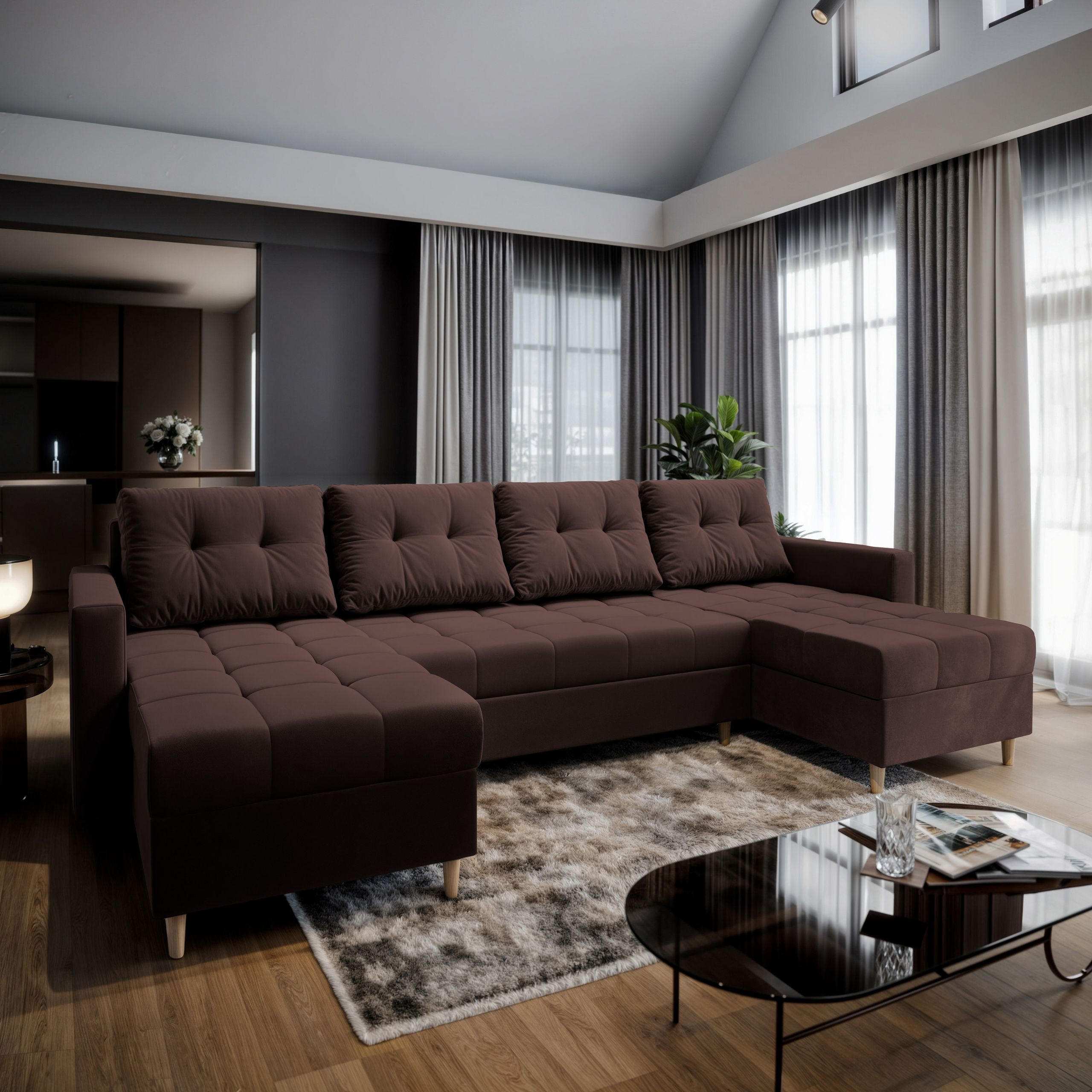 WOHNLANDSCHAFT MILO U Braun Plüsch-Stoff mit Schlaffunktion - Braun, Holz (285/91/140cm) - MASSENO