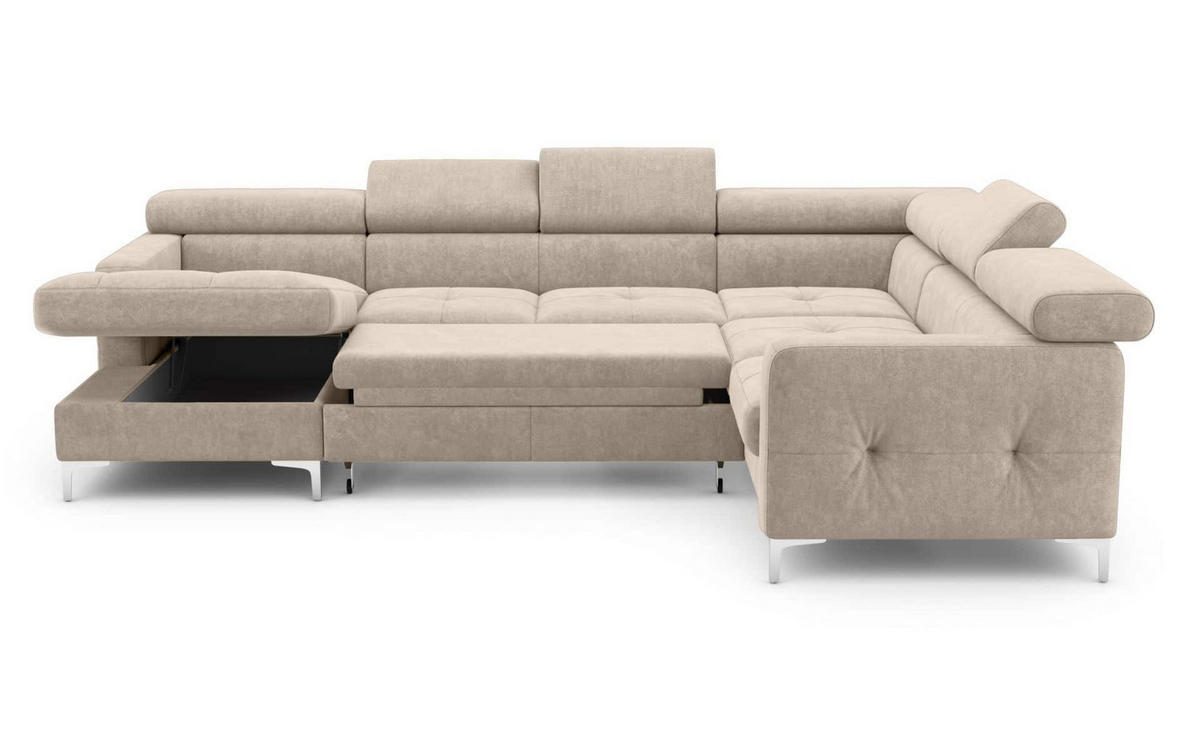 WOHNLANDSCHAFT mit Schlaffunktion und Bettkasten - Chromfarben/Beige, Holz/Textil (240/74/304cm) - Cotta