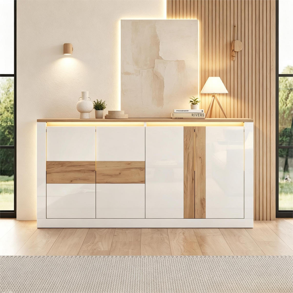 SIDEBOARD 140x35x70cm Weiß Eiche mit RGB LED und 4 Türen - Weiß/Naturfarben, Holzwerkstoff (140/70/35cm) - FLIEKS