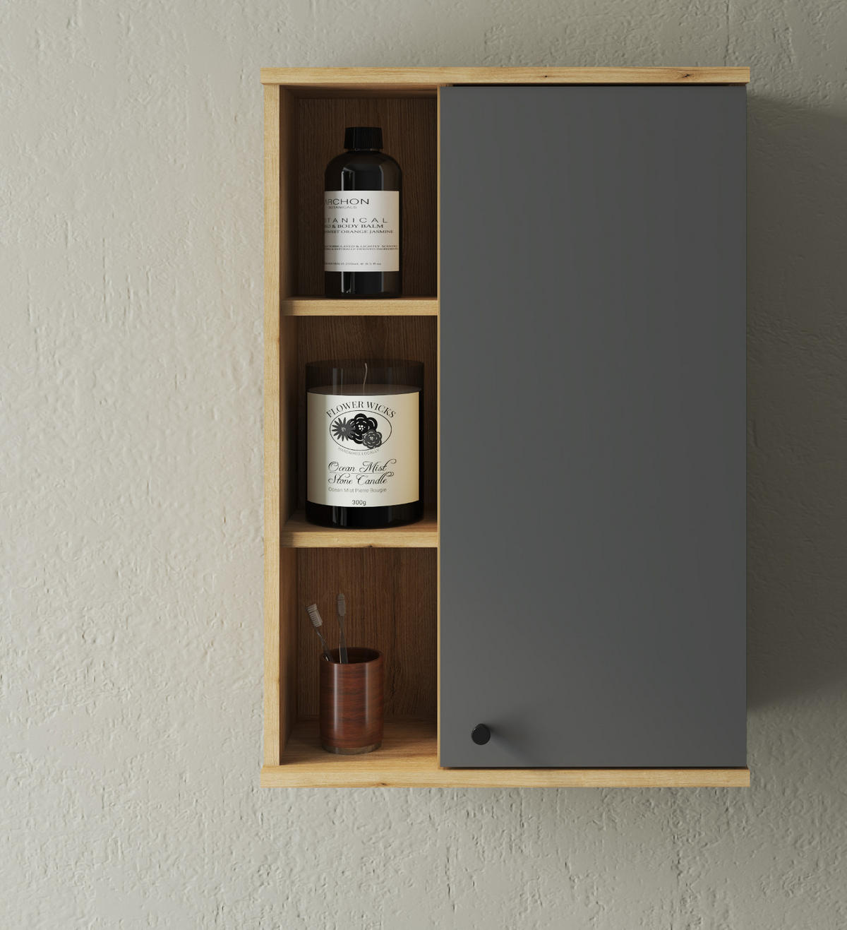 BAD-HÄNGESCHRANK grau, Evoke Eiche, Badschrank hängend, 51 x 75 cm - Eichefarben/Schwarz, Holzwerkstoff/Kunststoff (51/75/21cm) - Furn.Design