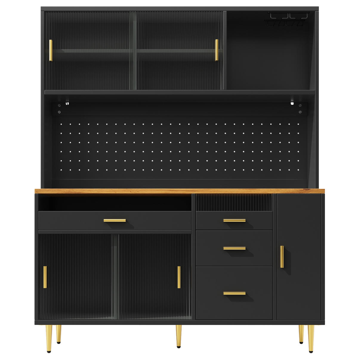 KÜCHENINSEL 126-196/59/94 cm mit RGB-LED-Beleuchtung, 2 Schubladen und verstellbarem Einlegeboden, Schwarz - Schwarz, Holzwerkstoff (196/94/59cm) - Redom