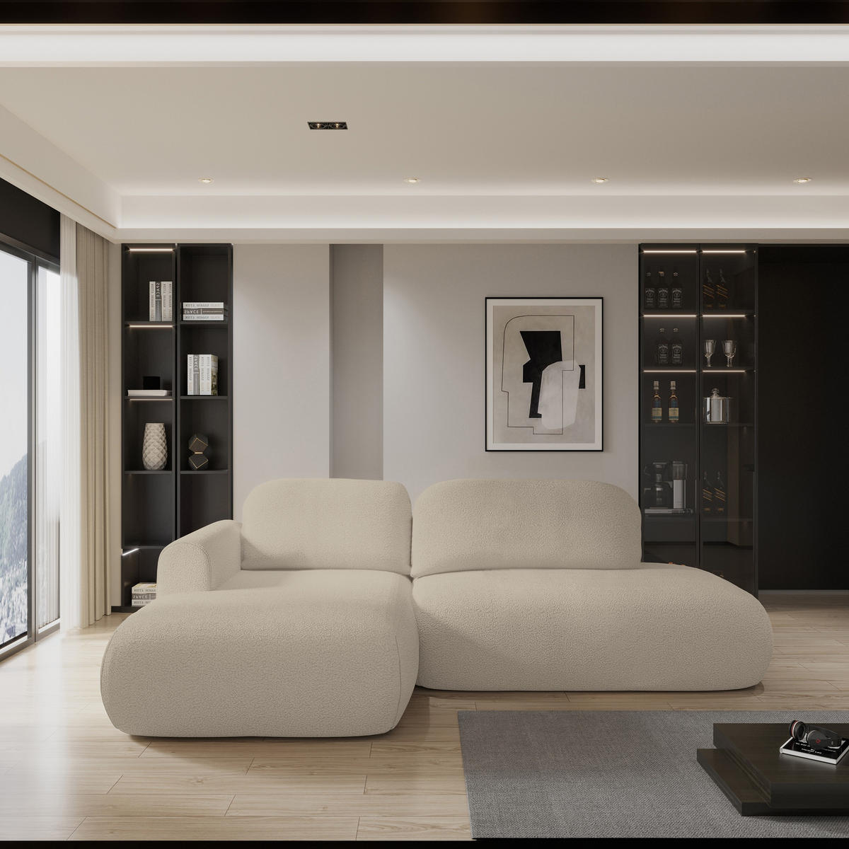 ROHOVÁ SEDAČKA NUVIRA béžová - černá/béžová, dřevo/textil (279/158cm) - MASSENO