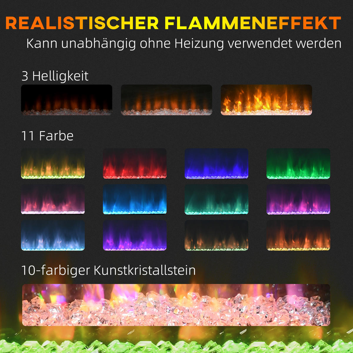 ELEKTROKAMIN 2000 W Wandkamin mit 3D-Flammeneffekt Kristalle 3 Helligkeitsstufen - Weiß, Metall (27/54.5/98cm) - HOMCOM