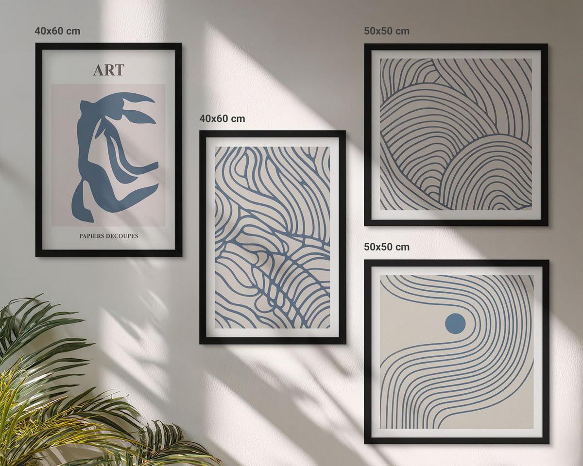 WANDBILDER 4er-Set - 50x50 cm & 40x60 cm Schwarzer Rahmen - Abstrakte blaue Linien - Schwarz, Kunststoff (50/50cm) - ArtPrintCave